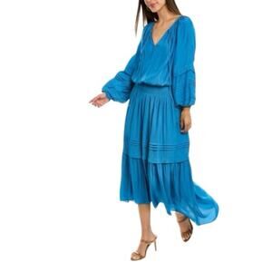 Ramy Brook Long Sleeve Satin Blue V Neck Midi Dress Luxury Boho
